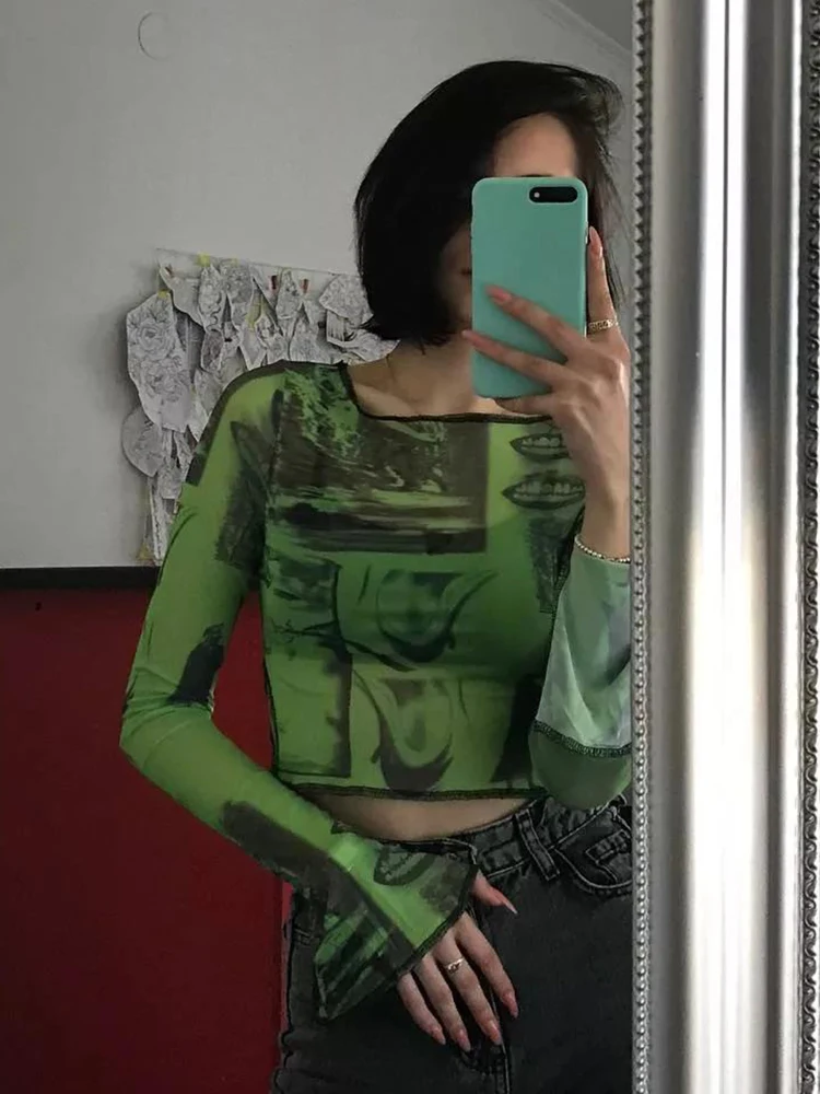 Y2K Mesh Top Women Streetwear Long Sleeve Graphic Tee See Through O Neck  Tops Slim Anime T-shirt Sexy Crop Top Women Clothing