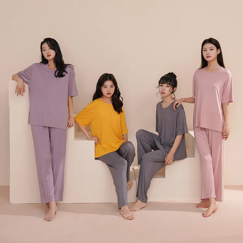 

Spring Summer Short Sleeve Trouser Pijamas Suit Women Modal Pajamas Sleepwear Two Piece Set Loose Casual Home Clothes Loungewear