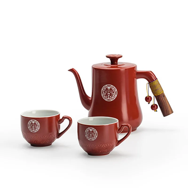 Chinese Double Happiness Red Household Ceramic Tea Set, Teapot Cup with Serving Tea Tray, Souvenir Gift, Wedding Supplies