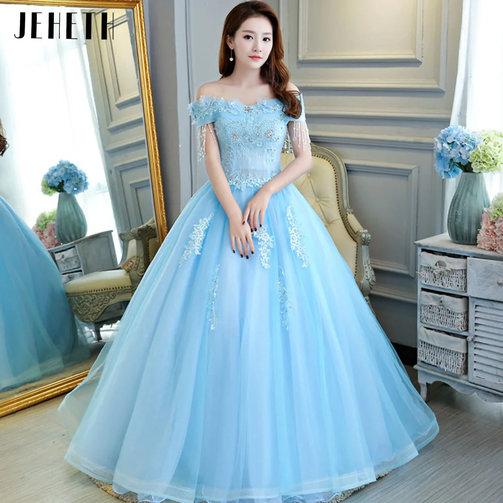 

JEHETH Off the Shoulder Prom Dress 2023 New Lace Appliques Beading Party Evening Gown for Women Lace Up Floor Length