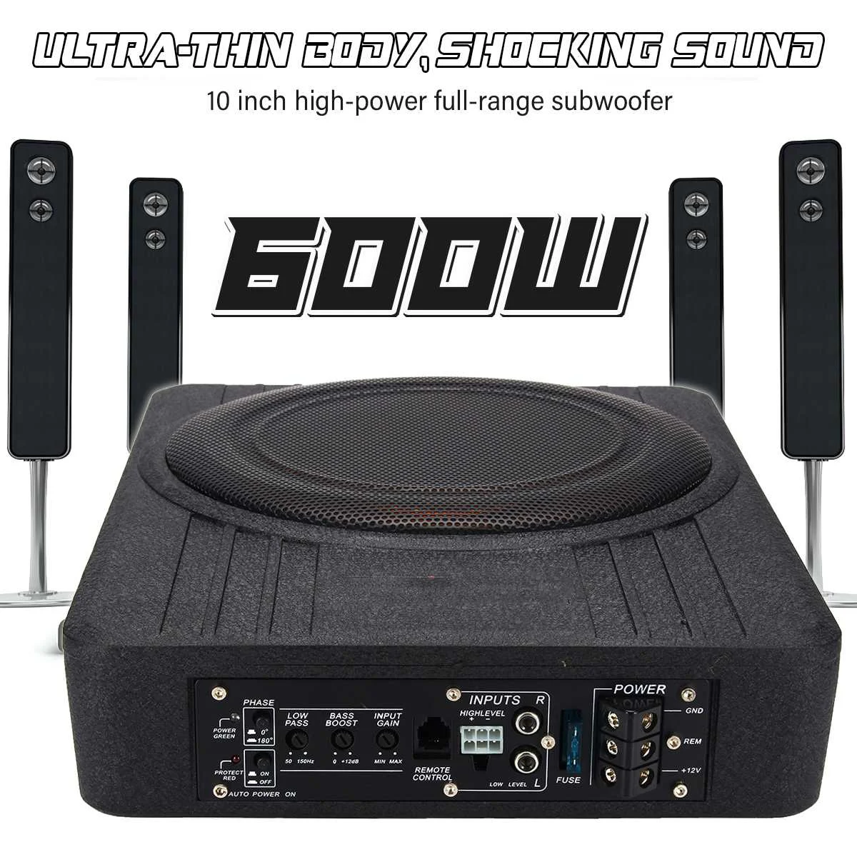 12V 600W Subwoofer Per Auto Car Audio 10 Pollici Slim Sotto Il Sedile Subwoofer Attivo Amplificatore Per Basso Altoparlante Amplificatore Per Auto Sub
