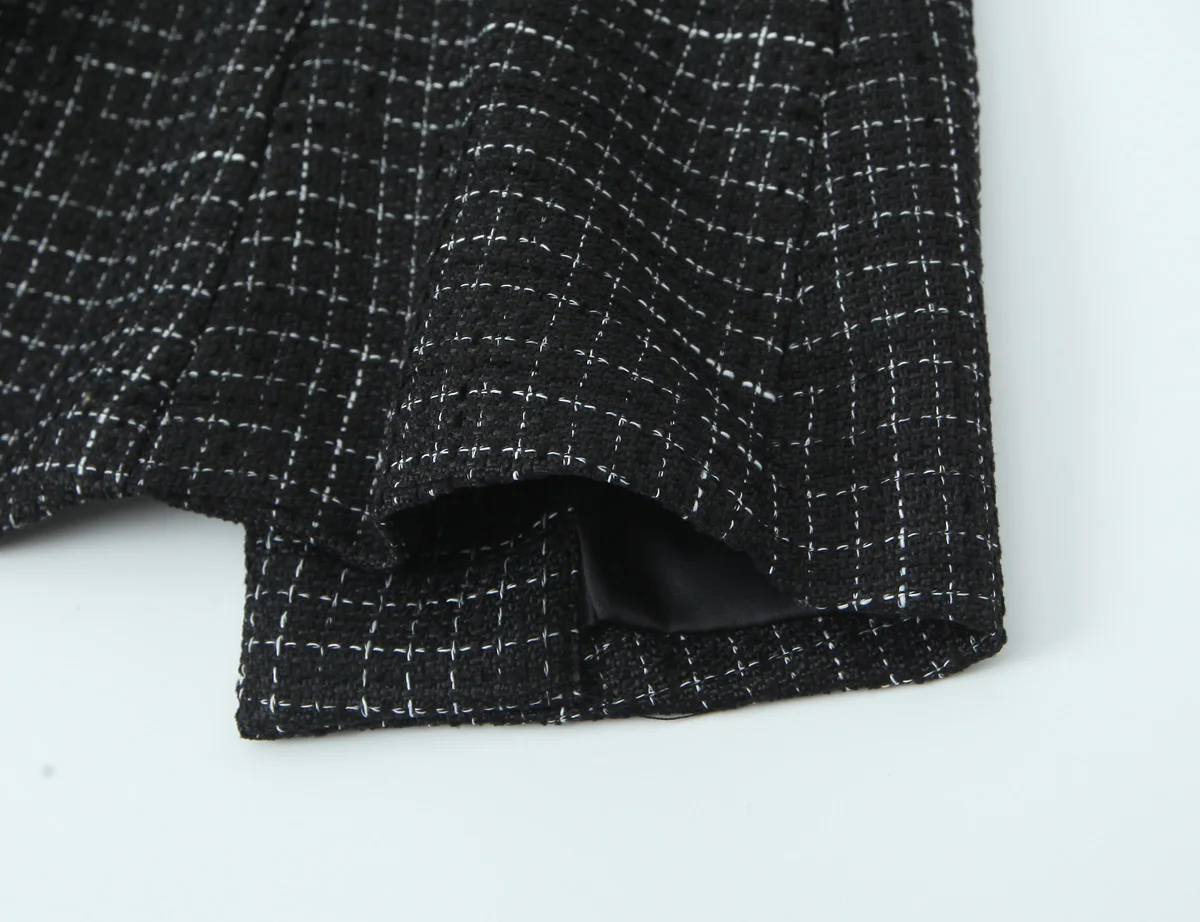 French Style Retro V collar Plaid Woven Tweed Blazer + High Waist Mini Short Skirts Suits 2 pieces 1 Set Black White