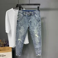 Trendy Men's Jeans Slim Fit Ripped 9 Points Elastic Sweatpants Summer Casual Style Small Foot Pencil Pants For Men