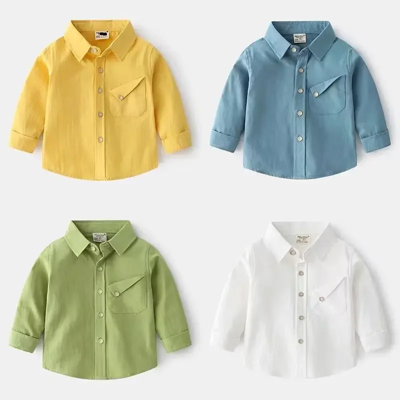 Long Sleeve Pure Cotton Boys Shirt Stylish Outer Wear Spring Autumn Collection Children's Top Layering Shirt White