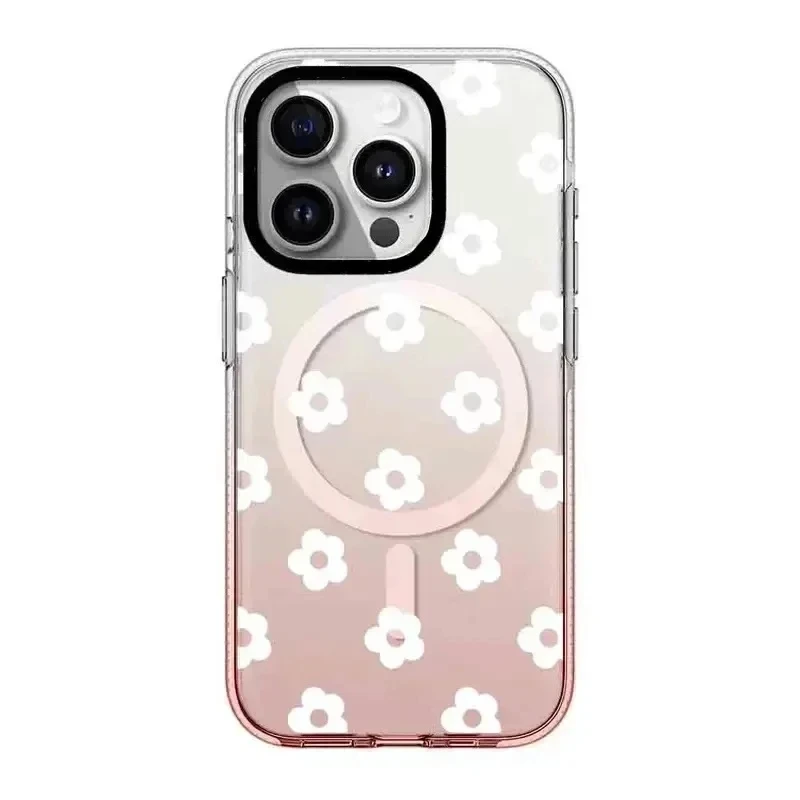 

White Flower Pink Gradient Transparent Border iPhone 13 15 14 Pro Max Protective Case, Fits iPhone 15 Pro Max