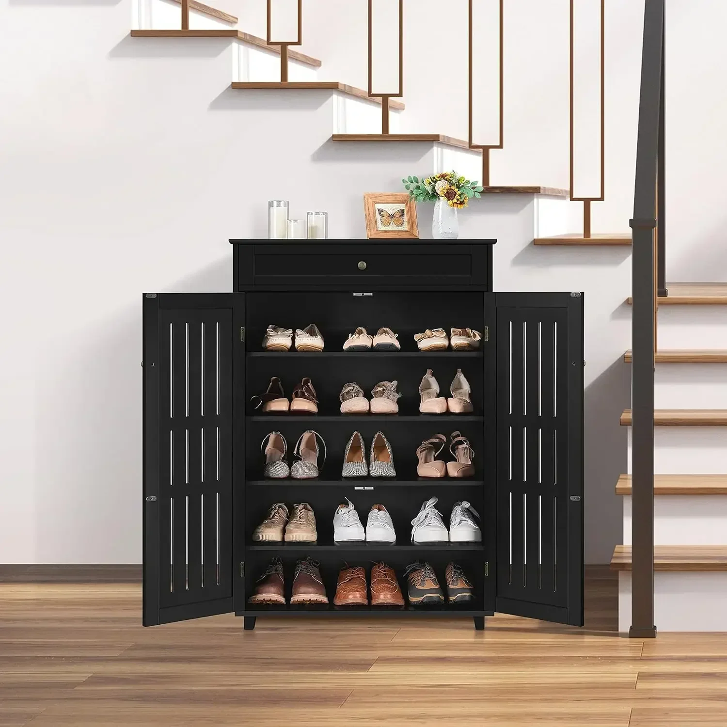 New2025-Shoe Cabinet, 5-Tier Shoe Rack Organizer with 1 Drawer, Freestanding Wooden Shoe Storage Cabinet with 2 LouveredDoor &Ad