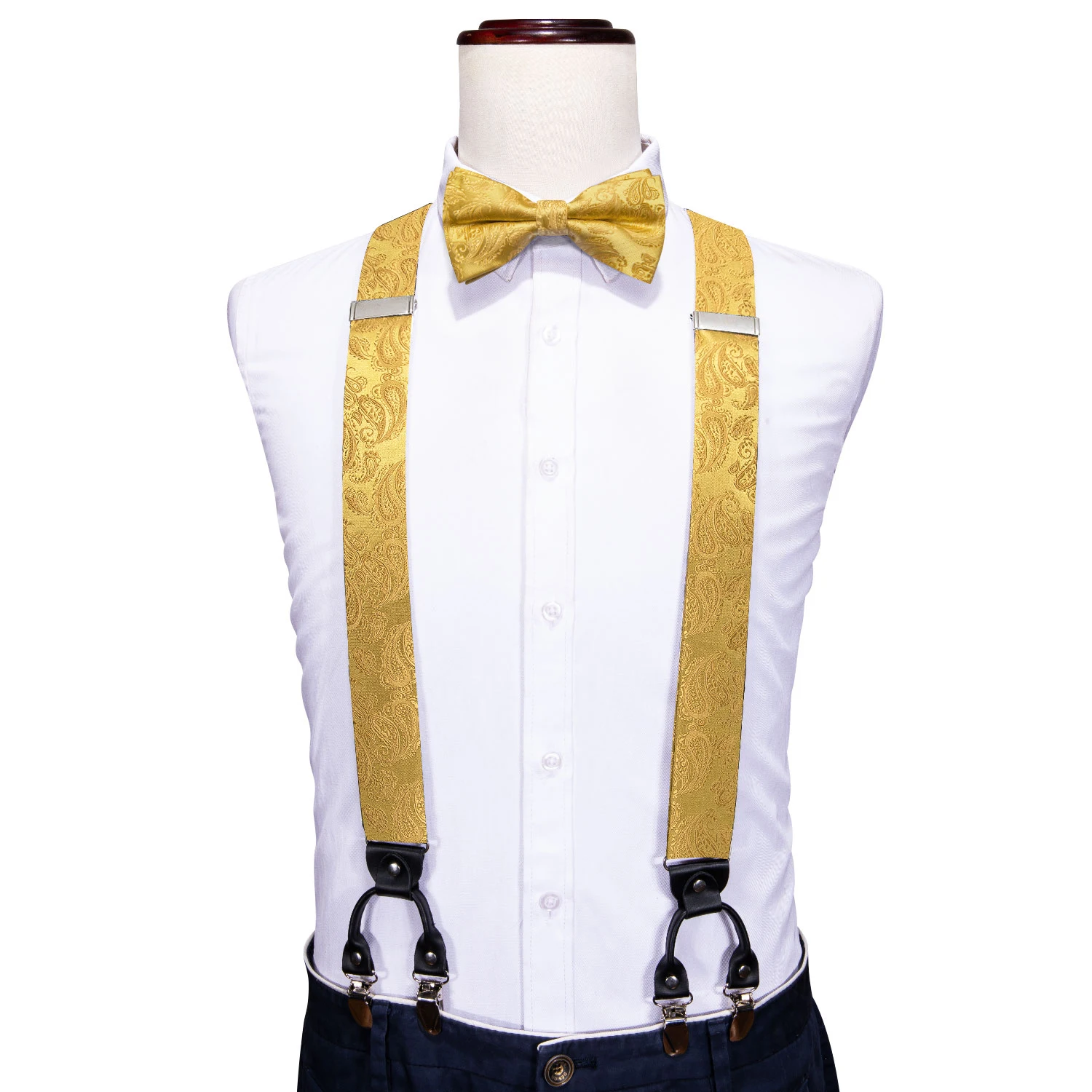 Burgundy Black White  Mens Suspender Adjustable 6 Clips Jacquard Braces Bowtie Hanky Cufflinks Set Silver Gold