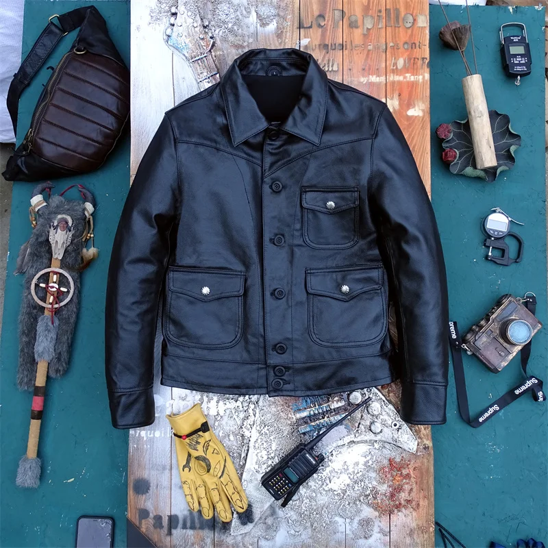 순수 탑 레이어 소가죽 가죽 바이커 재킷 남성 슬림핏 노치 칼라 싱글 버튼 3포켓 오토바이 코트 세련된 도시 스타일 짧은 길..