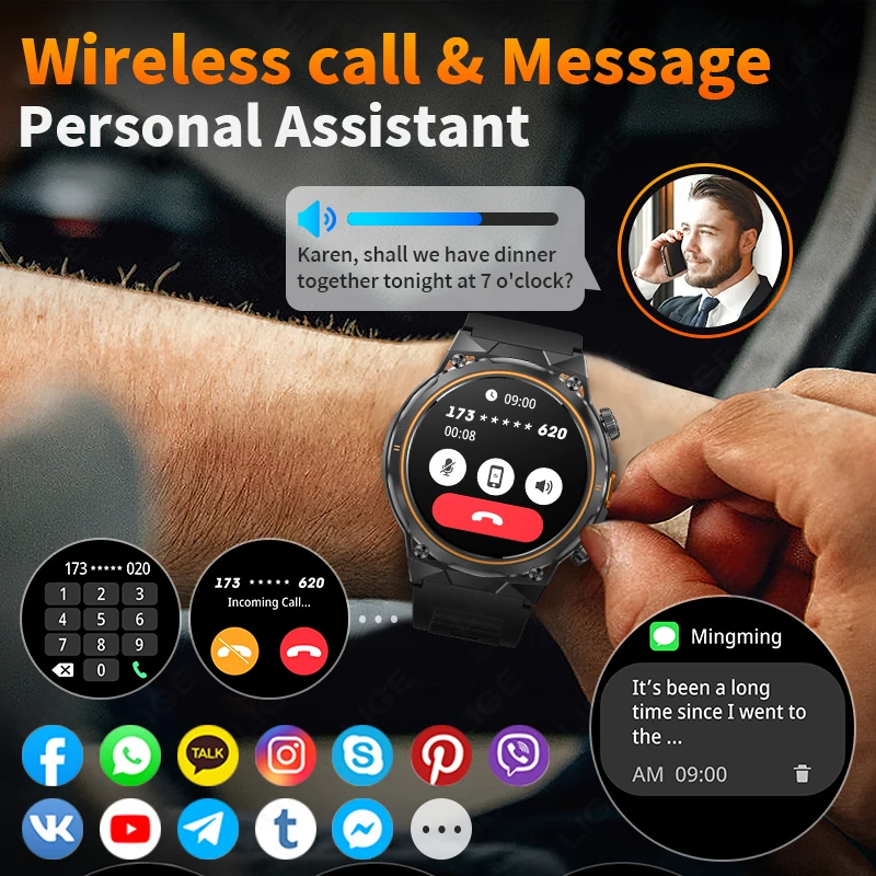 LIGE New 400mAh Battery Wireless Call Smart Watch Men Full Touch Screen Health Monitor Clock With Flashlight For IOS Android