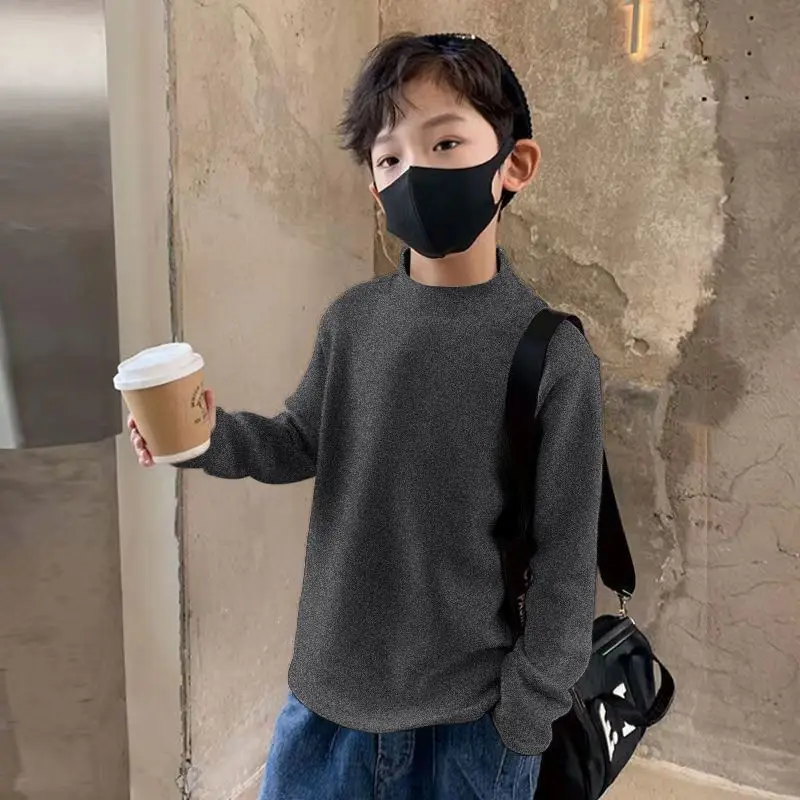 New Baby Boys T shirt Fashion Autumn Winter Solid Thermal Long Sleeve Casual High Collar Thin Velvet Heating Tops 6 8 10 12 Year 2