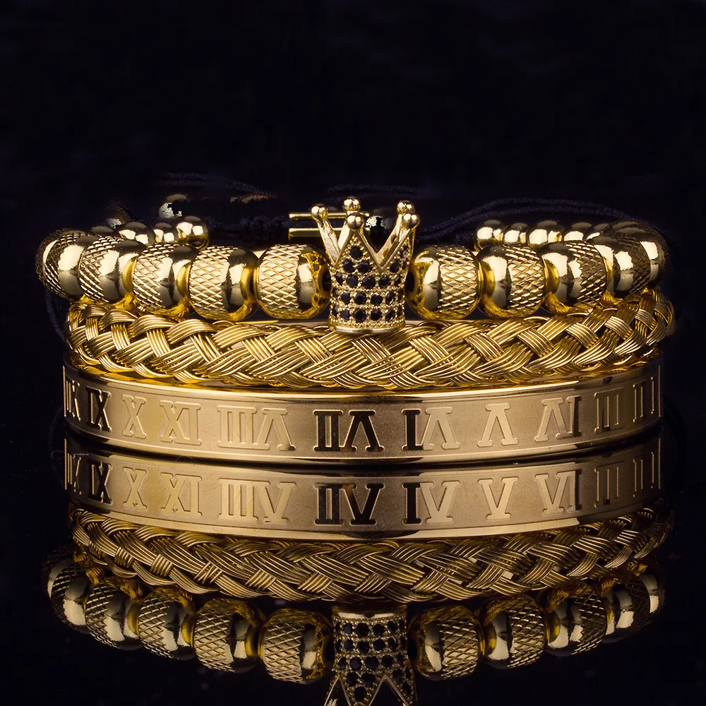 3pcs/set Luxury Gold Royal Cz King Crown Men Bracelets Roman Numeral