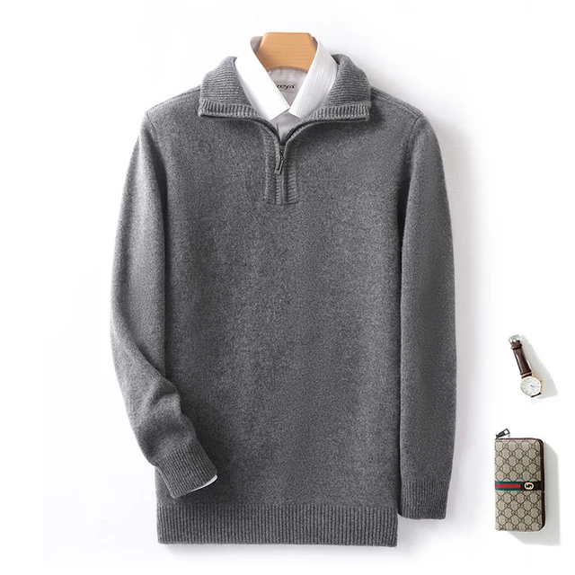 Autumn/Winter New Men's 100% Pure Wool Sweater Business Casual Half Zip Lapel Pullover Thickened Warm Knitted Long Sleeve Jumper 2