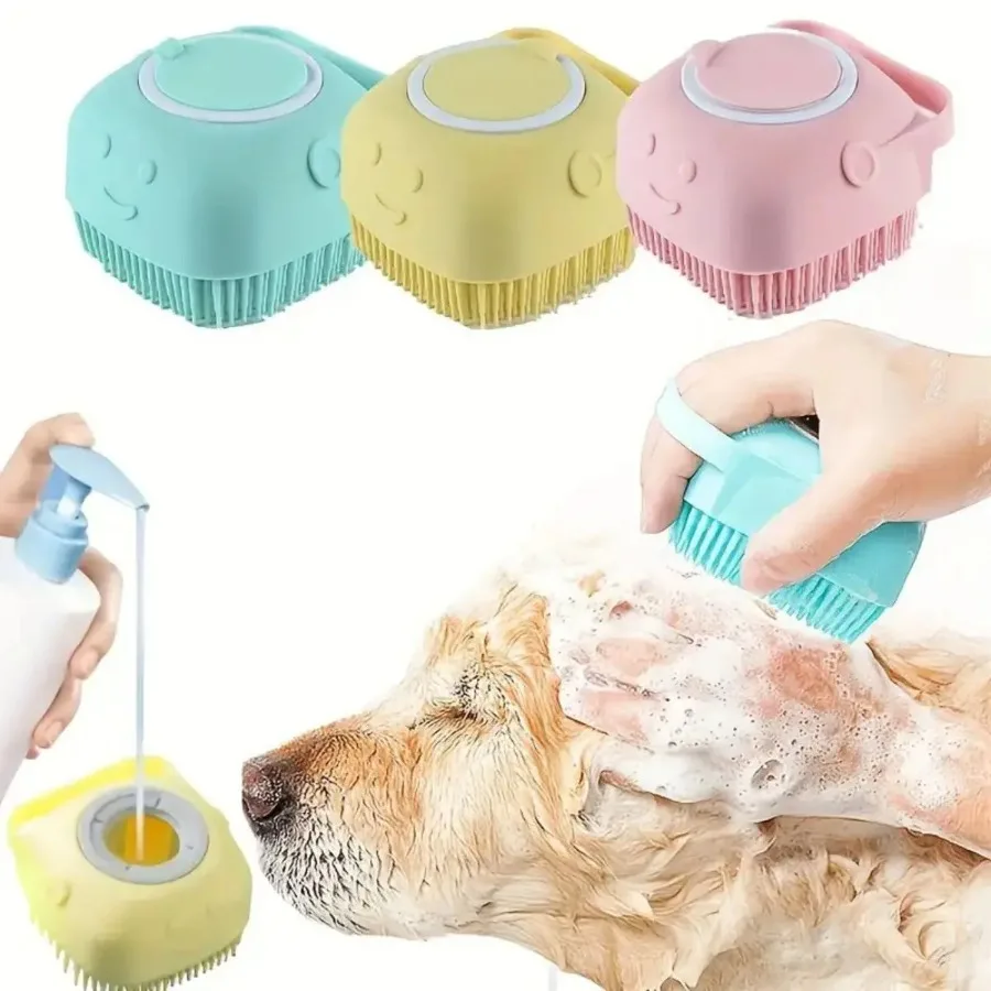 Soft Dog Bath Brush with Shampoo Dispenser - Gentle Cat Grooming Tool