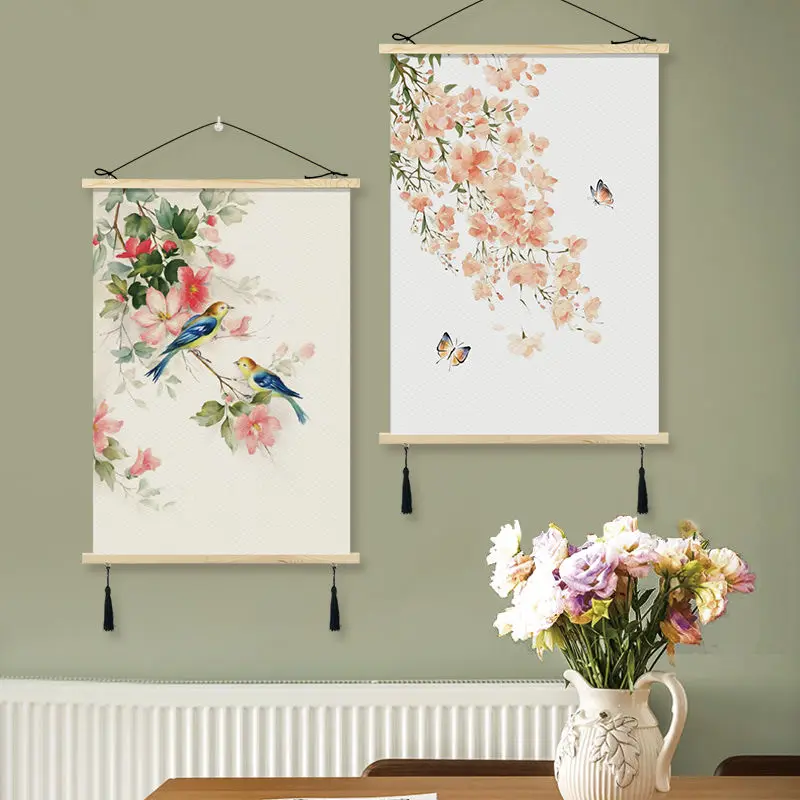 

Chinese Style Flower Scroll Paintings Wall Art Posters Vintage Room Decor Aesthetic Wall Hanging Living Room Decoration Picture