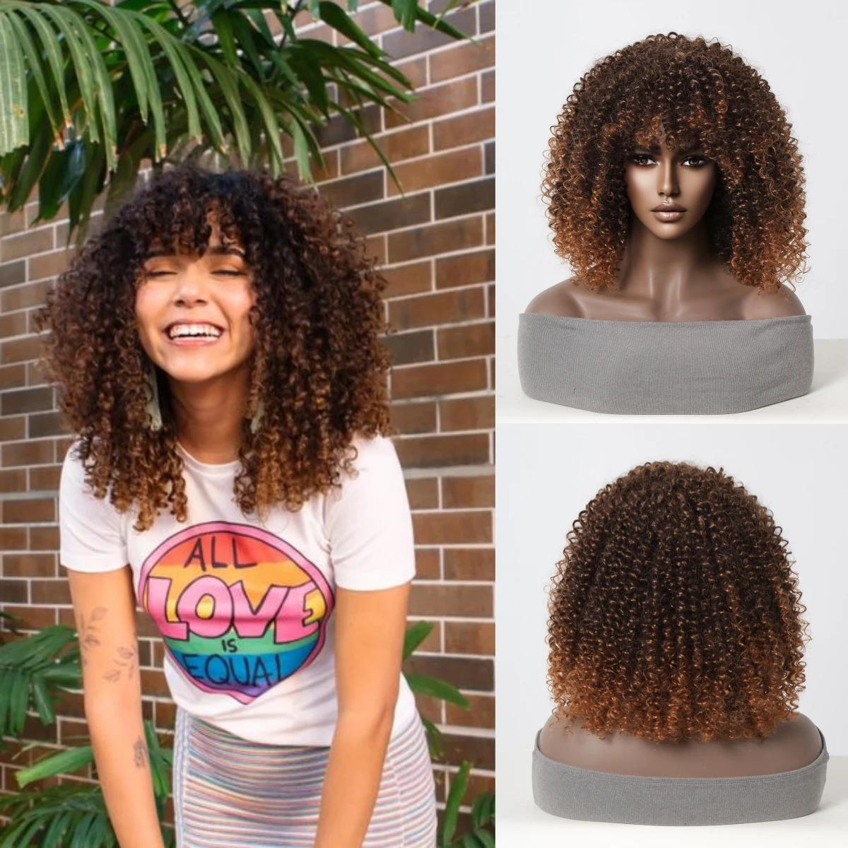 

HAIRCUBE Short Brown Ombre Afro Kinky Curly Hair Wigs with Bangs for Black Women Natural Looking Synthetic Hair Wigs for Party