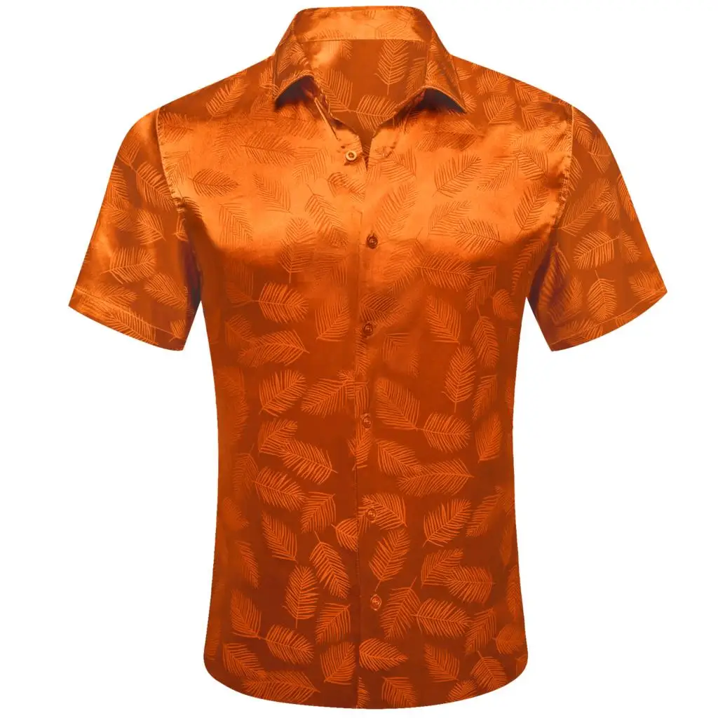 

Luxury Shirts for Men Summer Short Sleeve Cool Silk Satin Orange Leaves Slim Fit Male Blouses Casaul Lapel Tops Barry Wang