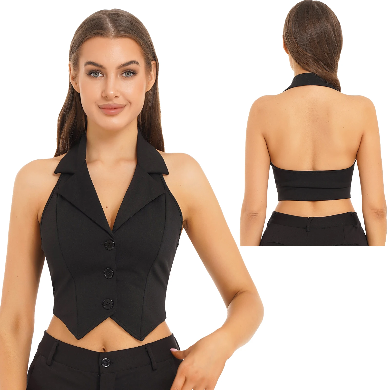 thumbnail image 1 of Chaleco de mujer con botones y dobladillo puntiagudo, tops cortos de color liso, tops sin espalda con solapa y cuello halter, camisetas sin mangas, chaquetas de esmoquin, 1 of 5