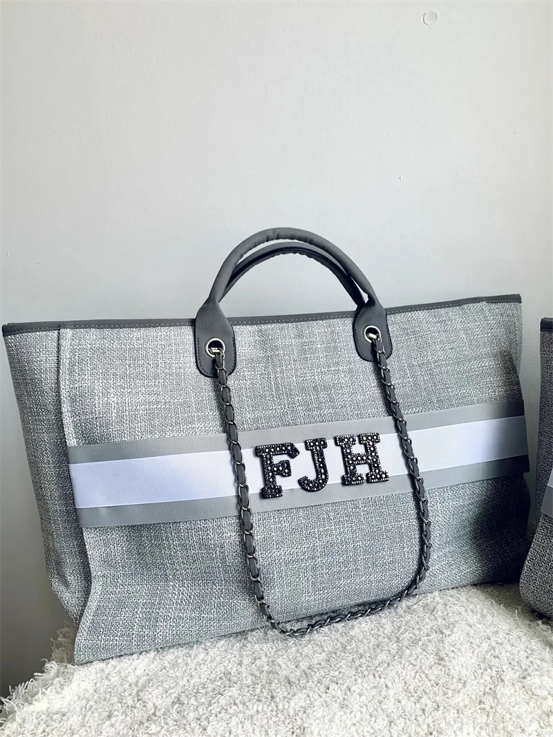 Large Luxury Custom Monogram Tote Bag, Canvas Chain Beach Shopping Tote Bag, Personalized Weekend Hand Bag, Women's Handbag