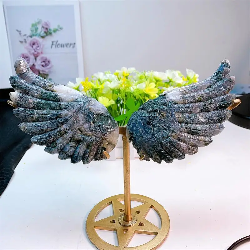 

Natural Moss Agate Angel Wings Crystal Carving Crafts Fengshui Home Decoration Healing Girl Birthday Present 1pair