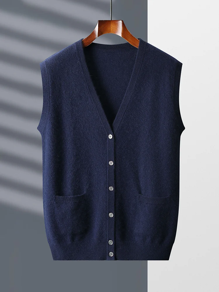 

High Quality Spring Autumn Men Sweater Vest 100% Cashmere Sleeveless V-neck Cardigan Soft Warm Basic Knitwear Clothing Tops