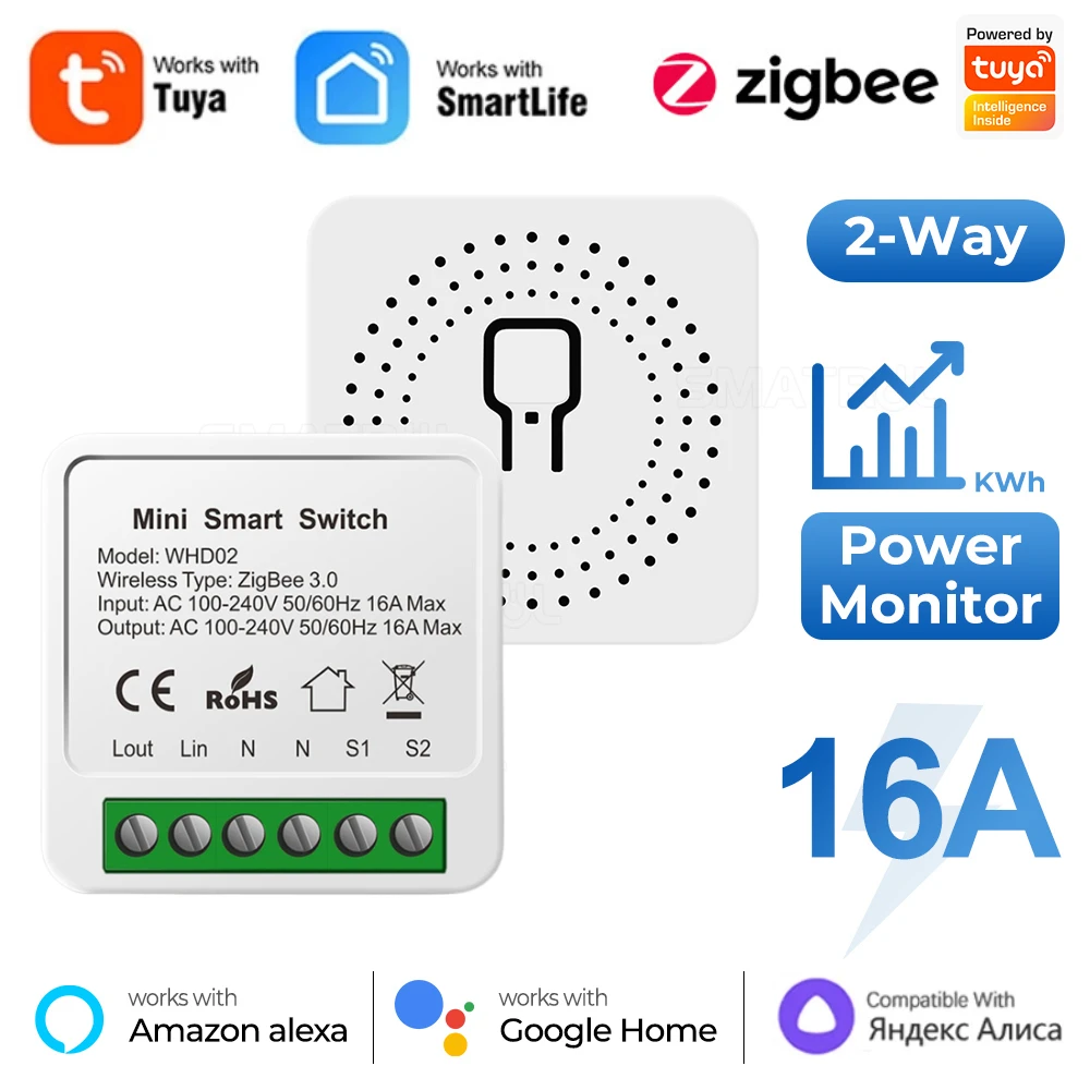 Tuya Zigbee / WiFi MiNi Smart Switch With Power Monitor 16A 2-way Control Timer Breaker Relay Work With Alexa Google Home Alice