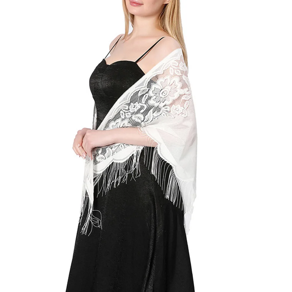 Women Lace Tassels Triangle Scarf Sheer Hollow Out Breathable