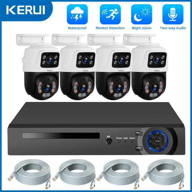 Système de caméra de surveillance KERUI étanche 6MP HD POE Double objectif PTZ WIFI IP Sécurité domestique 4CH 8CH POE NVR Vidéo H.265 Kit de vidéosurveillance 1