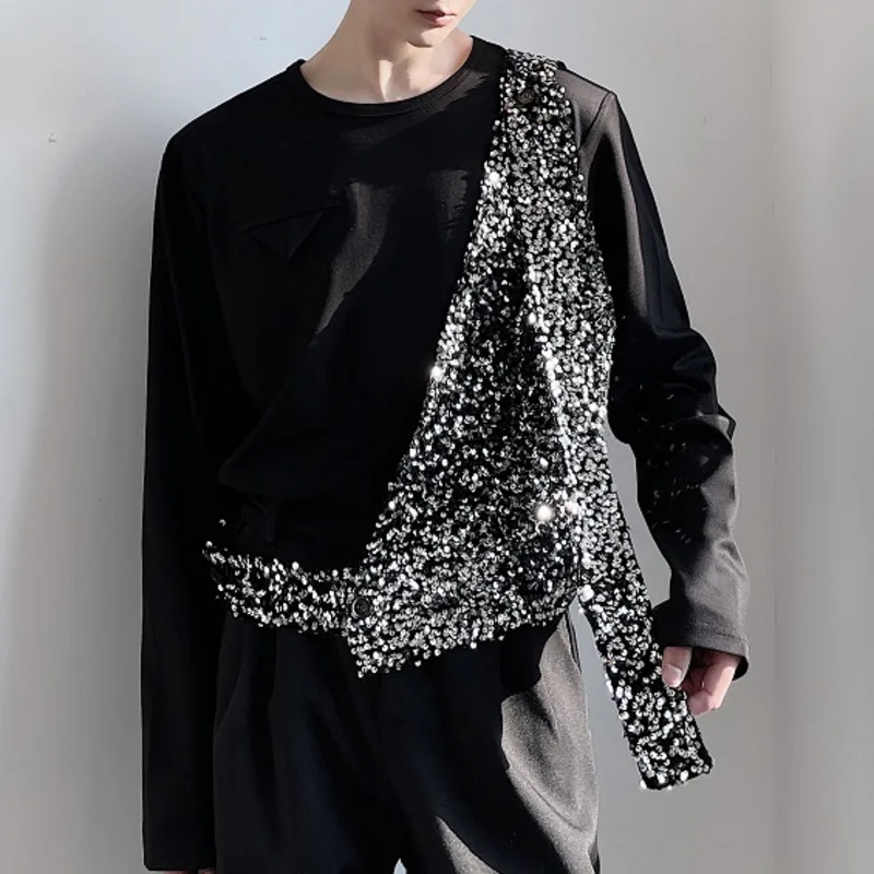 shiny sequins bomber jacket men 2023 luxury fashion harajuku streetwear varsity jacket zipper party disco singer stage costume Men Sequin Vests Sloping Shoulder Irregular One Button Shiny Waistcoats Party Nightclub Men's Singer Stage Fashion Vests