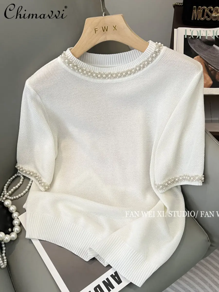 

White T-shirt for Women 2023 Summer New French Style Elegant Heavy Industry Beads Round Neck Short Sleeve Ice Silk Knitted Top