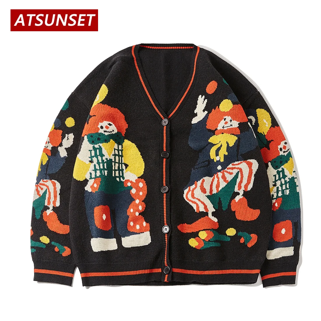 

ATSUNSET Cartoon Clown Maician Embroidery Sweater arajuku Retro Style Knitted Sweater Autumn And Winter Cotton Button Cardian