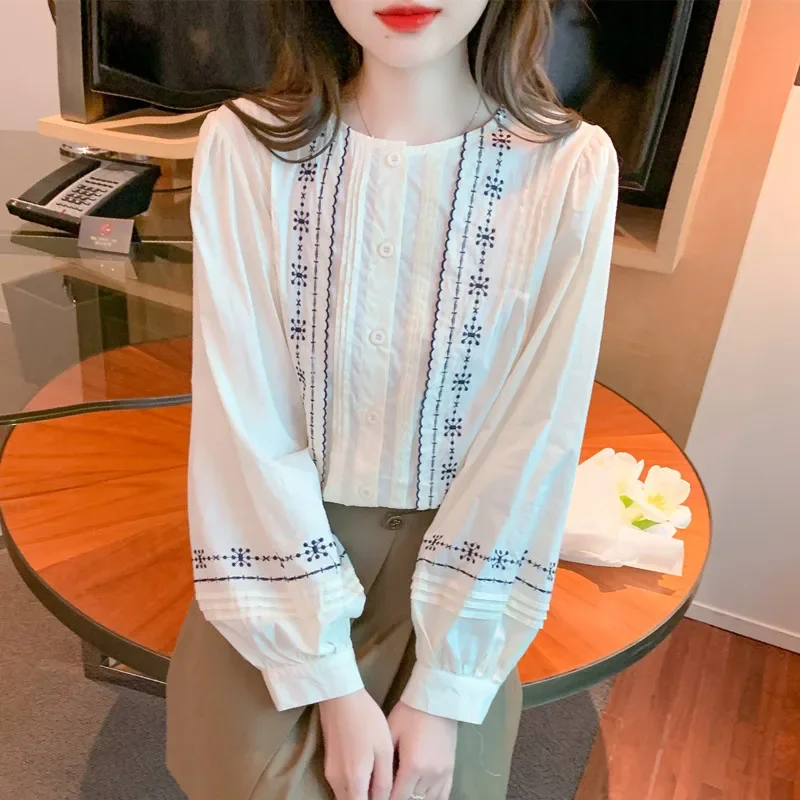

Chiffon Embroidery Women's Shirt Loose Chinese Style Blouses Fashion O-Neck Spring/Summer Long Sleeves Women Tops YCMYUNYAN