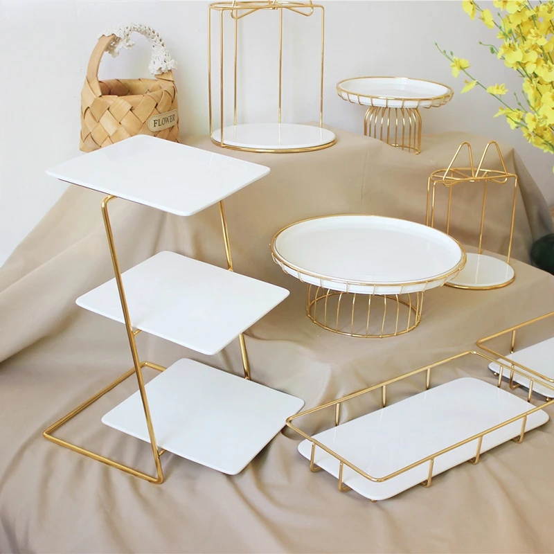 

Golden Wrought Iron Dessert Table Cake Stand White Ceramic Fruit Tray Birthday Decoration Ceramic High Plate Cake Tray Iron