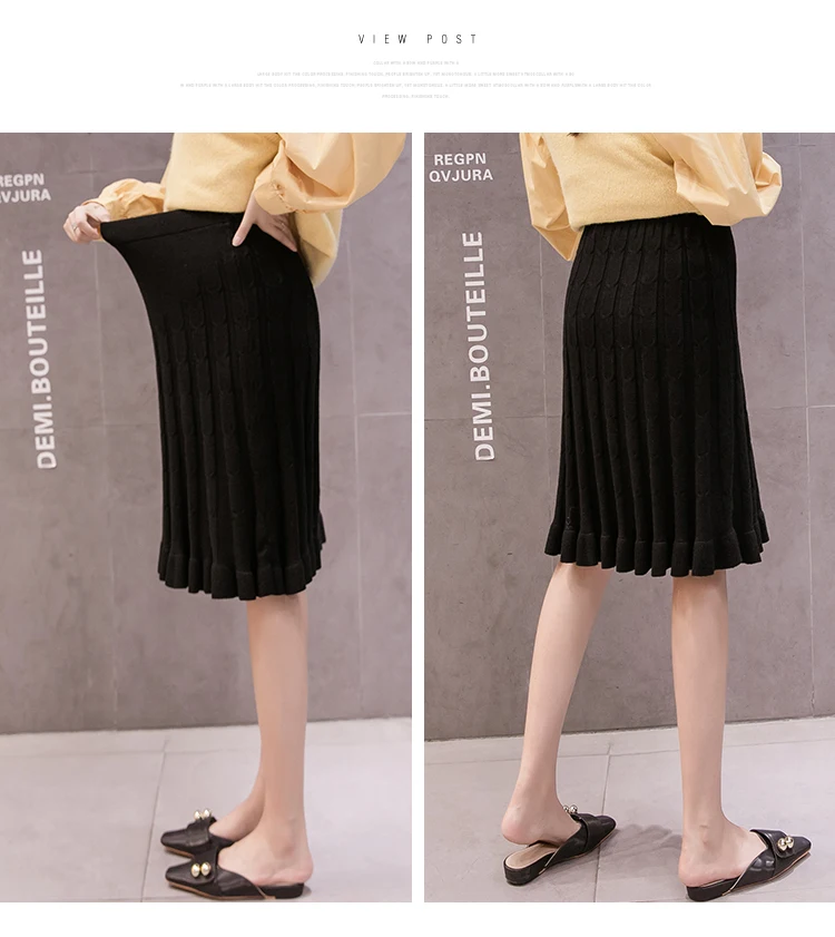 Autumn and Winter Pregnant Women's Knit Skirts Ruffled Hem Striped Maternity Empired Pleated Skirts Knee-length Pregnancy Skirt