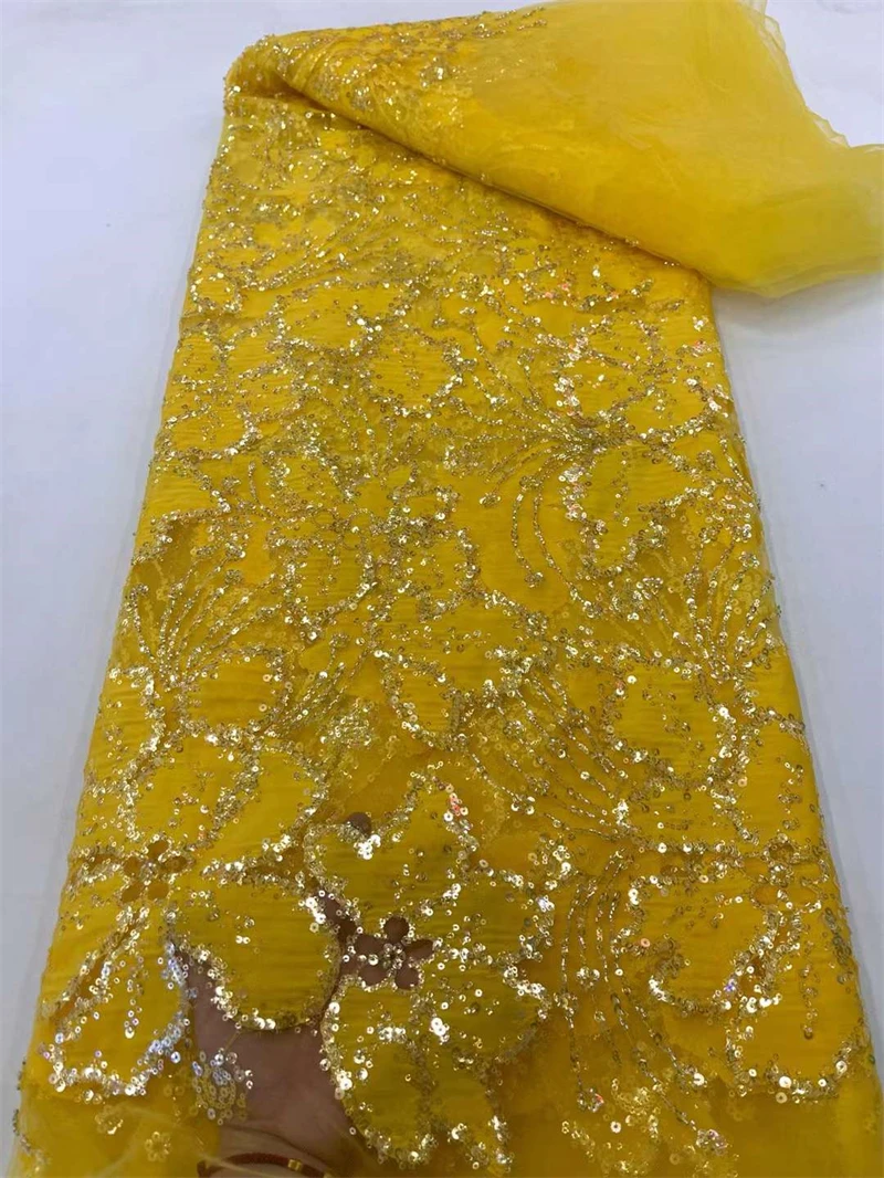 African lace fabric Luxury Embroidery Mesh Yellow Lace,Shining Sequins African Embroidery Handmade With Beads Tulle Lace Sewing