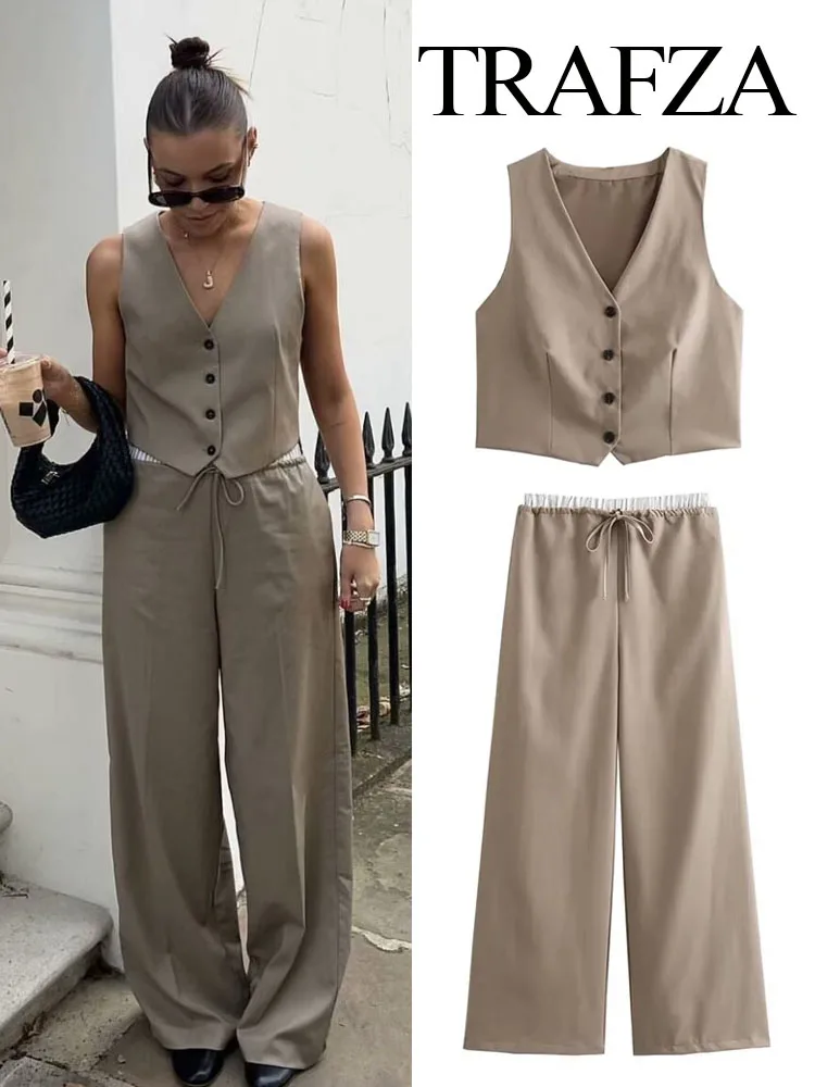

TRAFZA Female Chic Set Solid V-Neck Sleeveless Single-Breasted Waistcoat+High Waist Elastic Waist Pockets Drawstring Long Pant