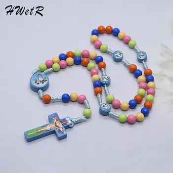 다채로운 십자가 둥근 구슬 펜던트 목걸이 아이 묵주 가톨릭 종교 어린이 만화 보석 선물, 1 개