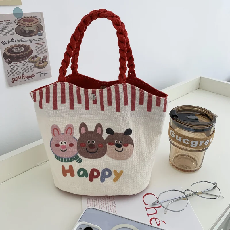 Cartoon Cute Handheld Bucket Bag Snack Pouch High Appearance Outdoor Leisure Canvas Bag Large Capacity Market Basket Bag