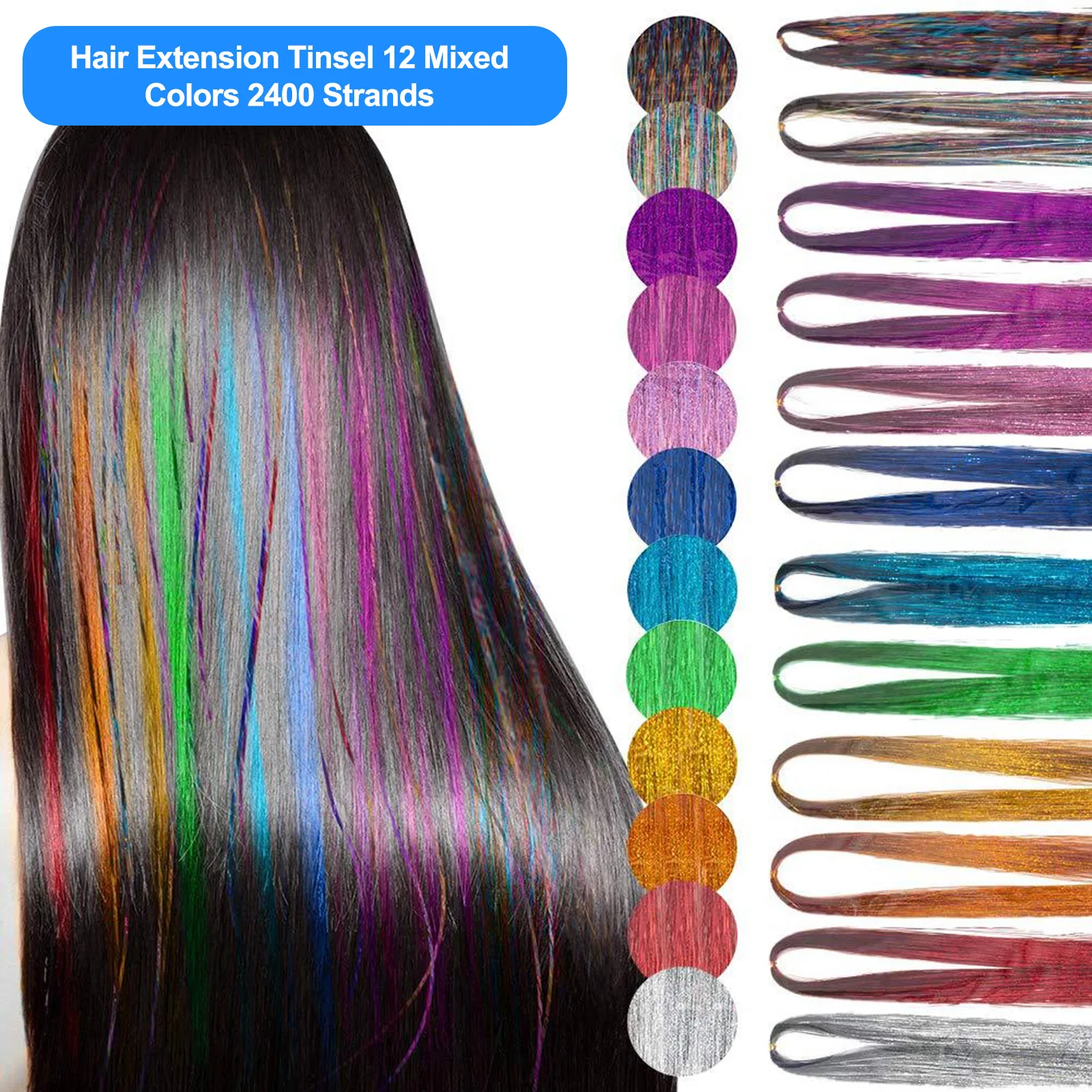 Tinsel Hair 47 Inches Hair Extension Kit and Tool 12 Mixed Colors Tinsel Glitter Hair Extension for Women Girls Hair Accessories