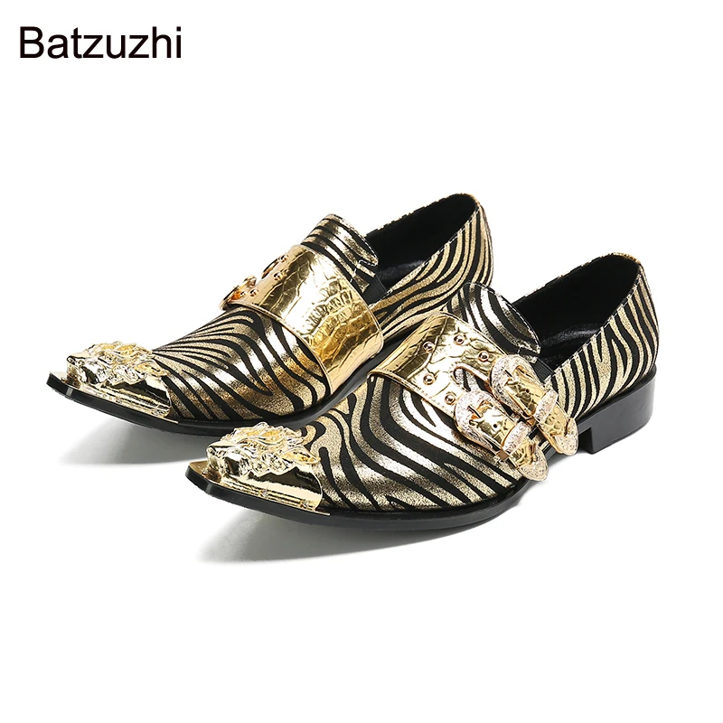Batzuzhi Italian Type Handmade Men's Shoes Gold Belt Leather Dress Shoes for Men Wedding Shoes and Party Zapatos Hombre, 38-47