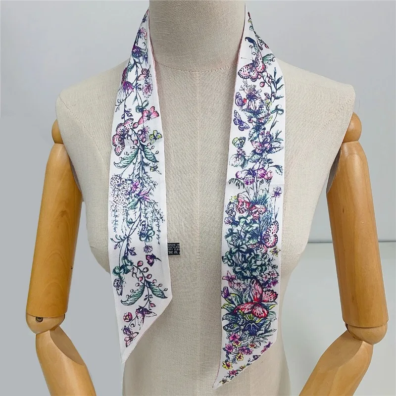 Vielseitiges Schmetterlings-Blumenmuster-Design, modisches langes Seidenband, kleiner Seidenschal, Foulard, Haar- und Halstuch, Stirnband für Damen – Detail 12
