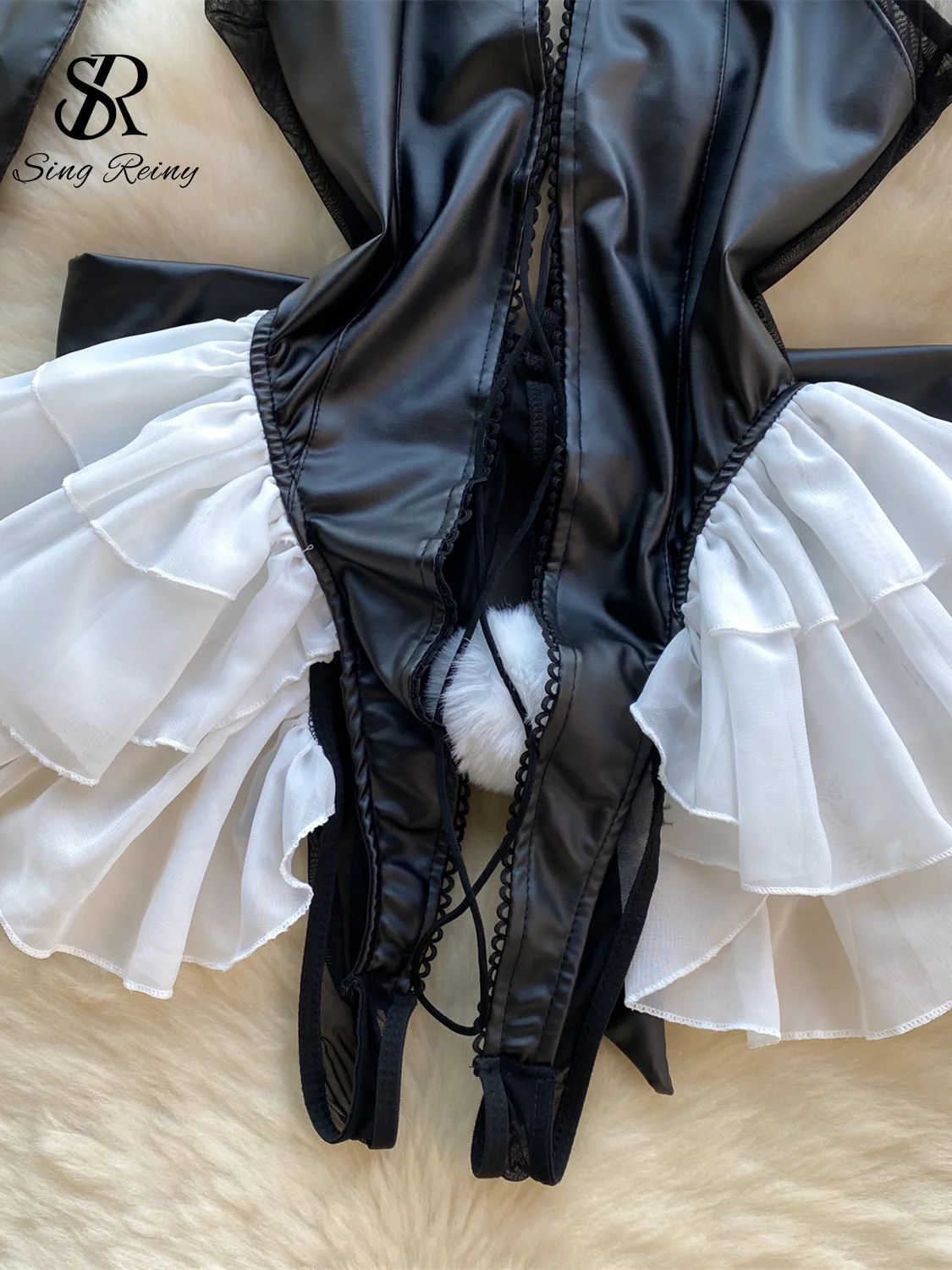SINGREINY Cosplau Erotic Playsuits PU Leather Halter Splice Lace Up Mesh Halter Rabbit Girl Lingerie Hollow Out Sexy Bodysuits sexy lingerie