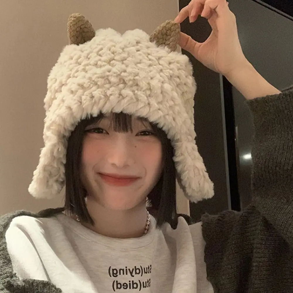 

Cute Plush Sheep Hat Women Girls Winter Warm Beanies Hat Solid Color Thickened Ear Protection Casual Outdoor Riding Bonnet Caps