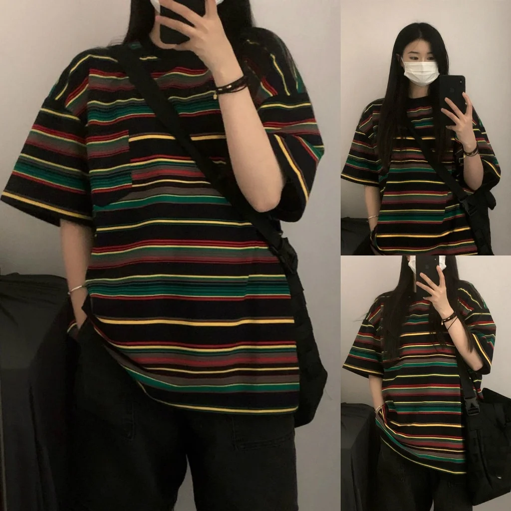Retro Gestreiftes Lockeres Lässiges Rundhals-Kurzarm-T-Shirt Sommer Harajuku Studenten Herren & Damen Halbarm-Paar-Shirt Top