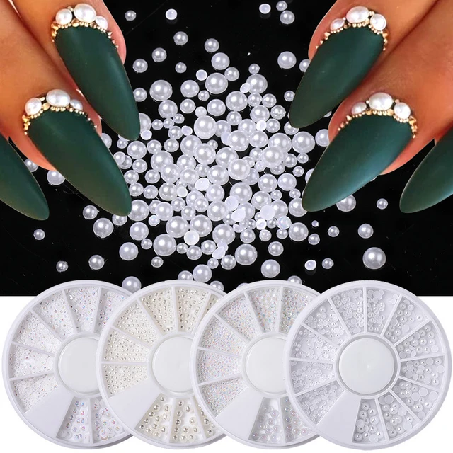 Perlas redondas para decoración de uñas, perlas blancas de varios tamaños,  3d, diamantes de imitación, para manicura, parte posterior plana -  AliExpress