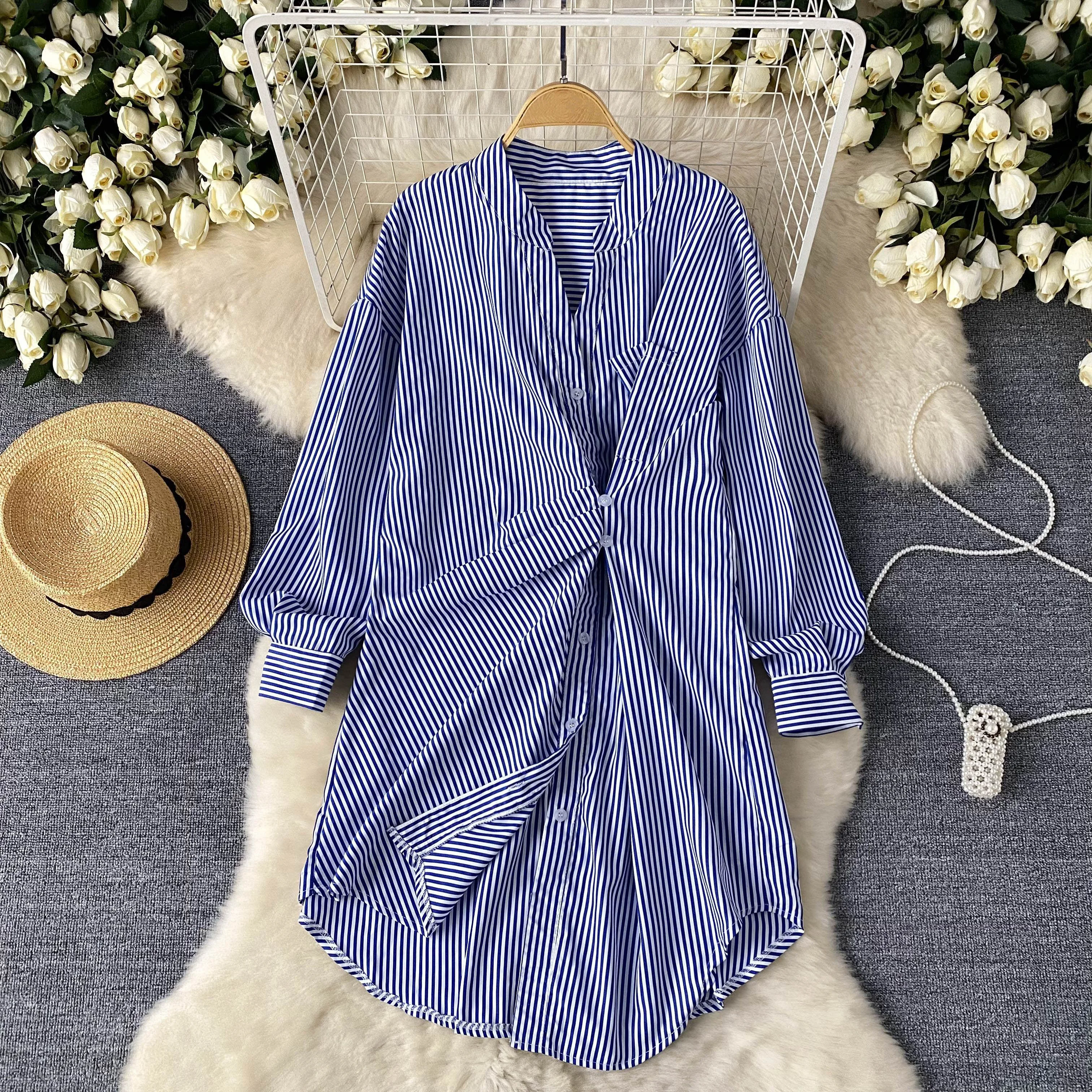 

Clothland Women Elegant Striped Shirt Dress Loose Style Long Sleeve Blue One Piece Female Chic Mini Dresses QD566