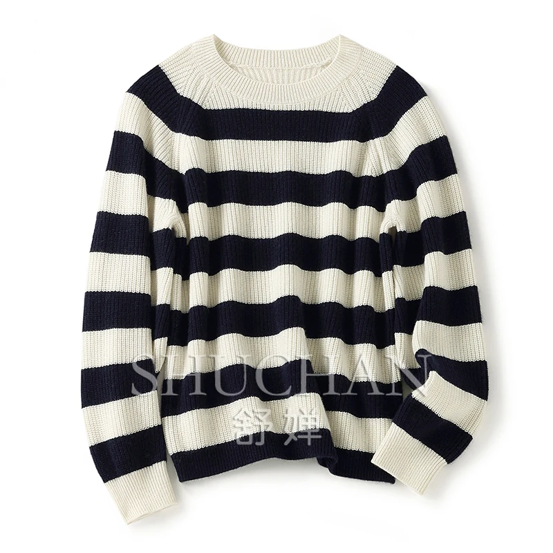 

Striped Pure Cashmere Sweater Women 2023 New Winter Warm 400g Loose Fit Sweater Mujer Blusa Inverno Feminina