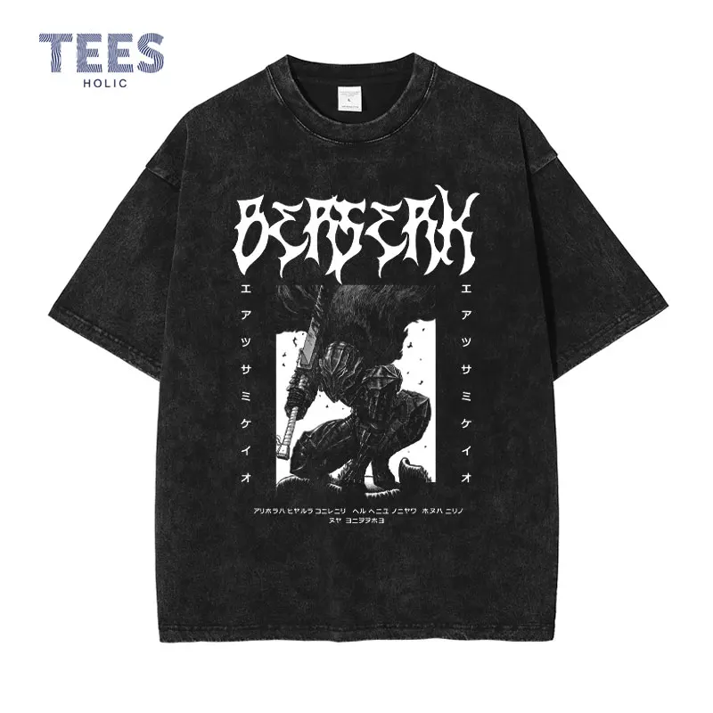 

Anime Berserk T-shirts Vintage Washed Guts Pattern T Shirt Harajuku Short Sleeve Manga Kenpuu Denki Tops Tees Men 100% Cotton