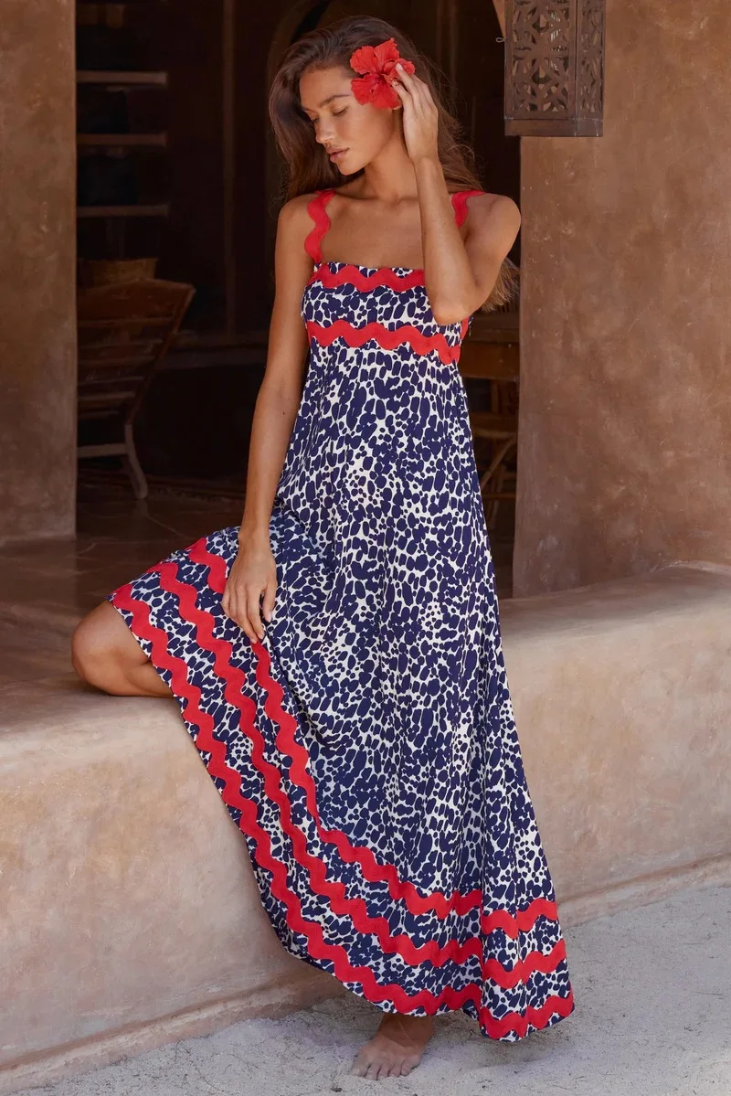 Bohemian Summer Printed A-line Long Dress Sexy Backless Holiday Beach Spaghetti Strap Dresses For Women Maxi Vestidos Para Mujer
