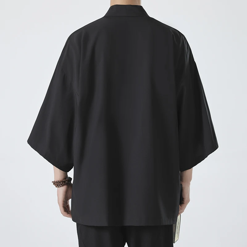Summer New Men's Lightweight Kimonos Traditional Japanese Clothing Male Open Front Cardigan Cloak Haori Yukata Jacket Coat Black