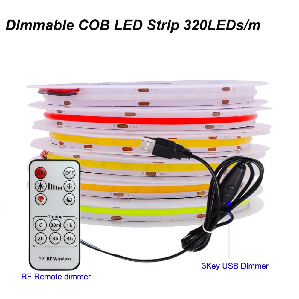 

DC5V COB LED Strip Light USB Powered 320LEDs/m RF Remote Dimmer LED COB Lights RA 90 Warm White Blue Green Red Pink 1m 2m 5m